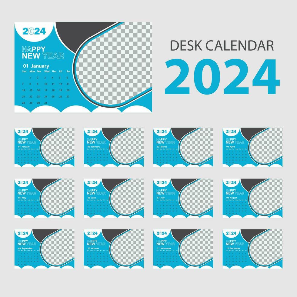 2024 escrivaninha calendário Projeto modelo com azul fundo. vetor