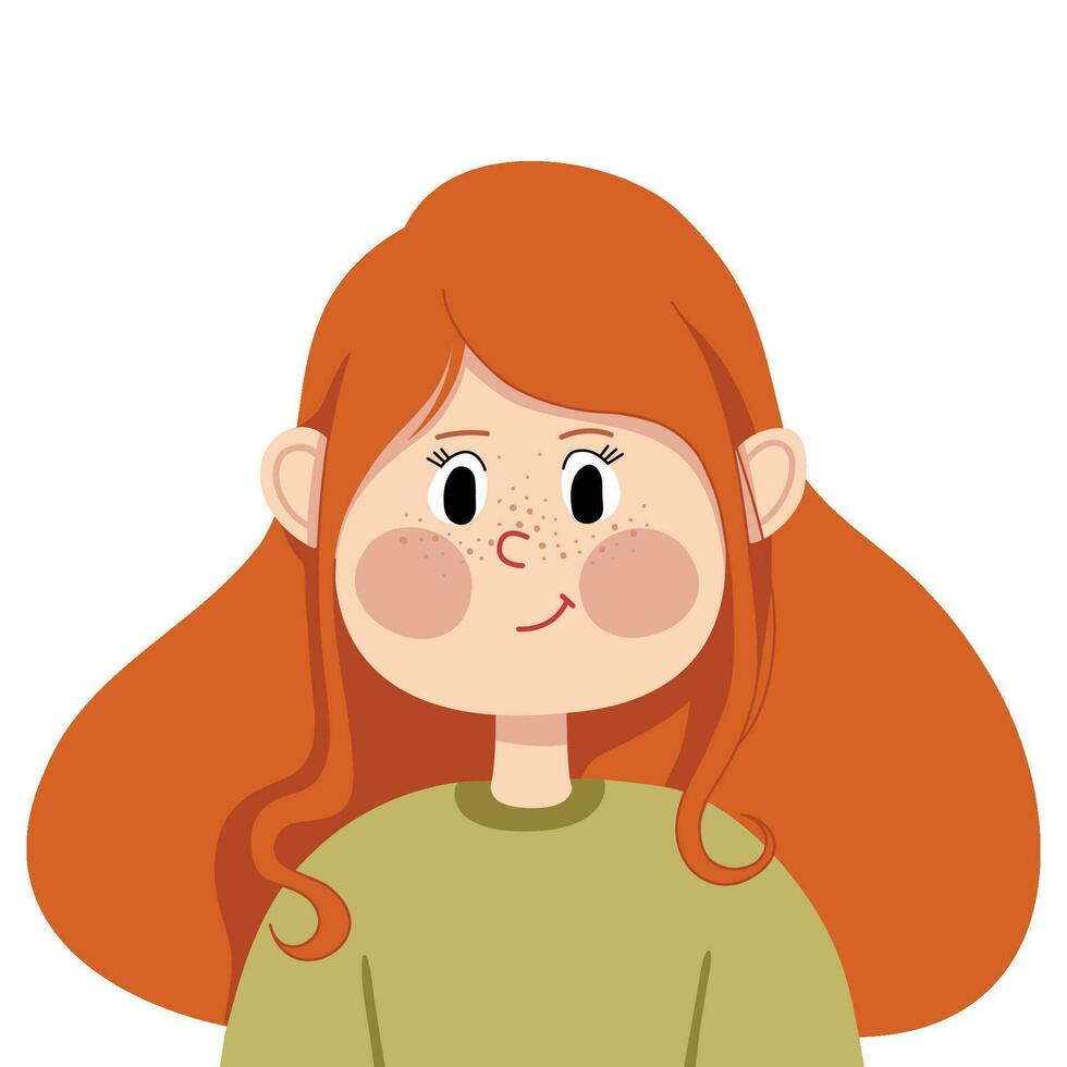 pequeno feliz menina avatar. retrato do uma bonitinho, risonho criança menina com vermelho cabelo. avatar face do uma estudante. vetor crianças cabeça ilustração isolado em uma branco fundo. desenho animado personagem.