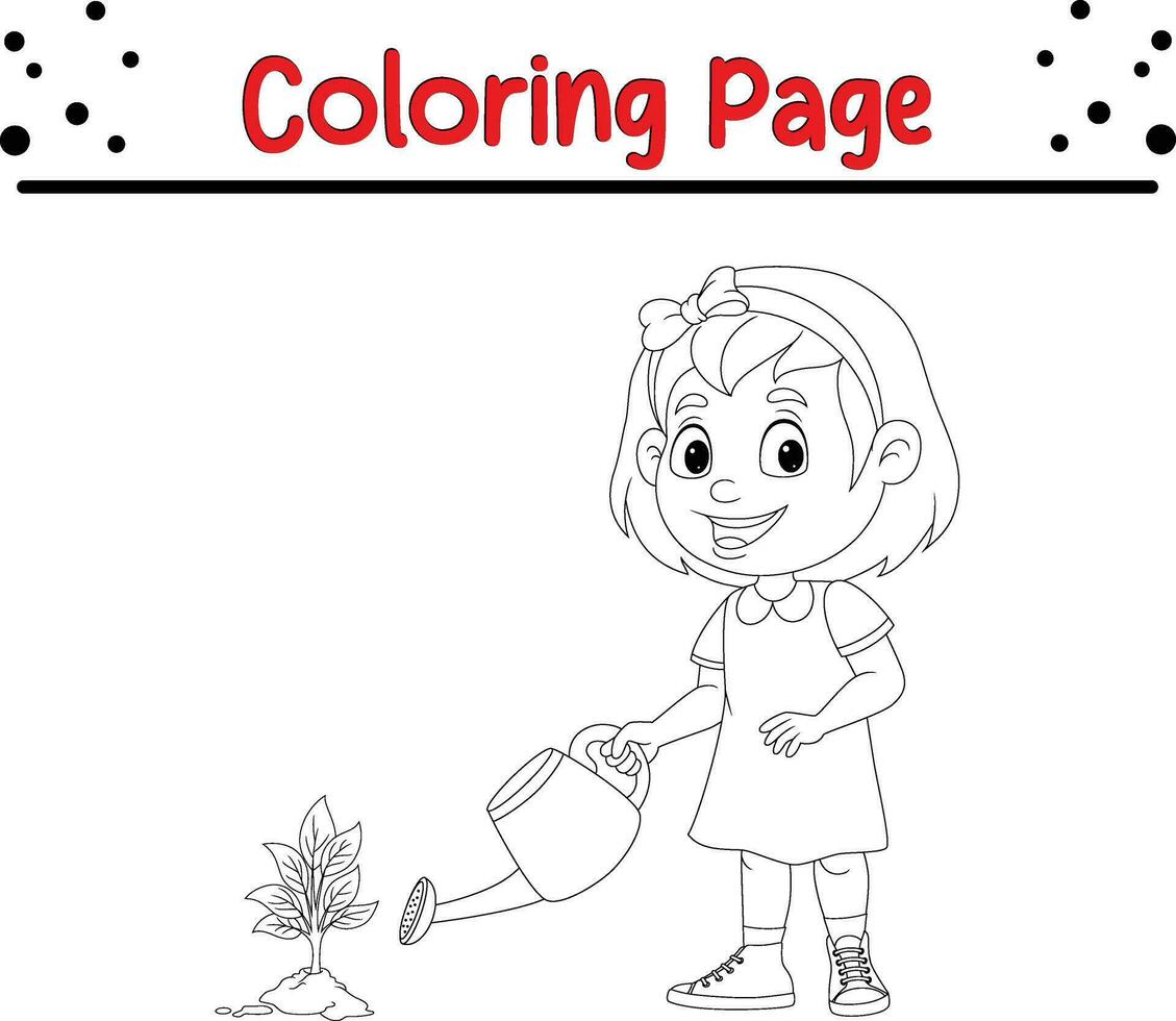 fofa pequeno menina rega plantas coloração página vetor