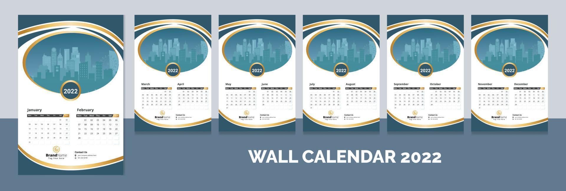 criativo corporativo calendário de parede de 12 meses 2022, calendário semanal, design de modelo de layout de calendário vetor