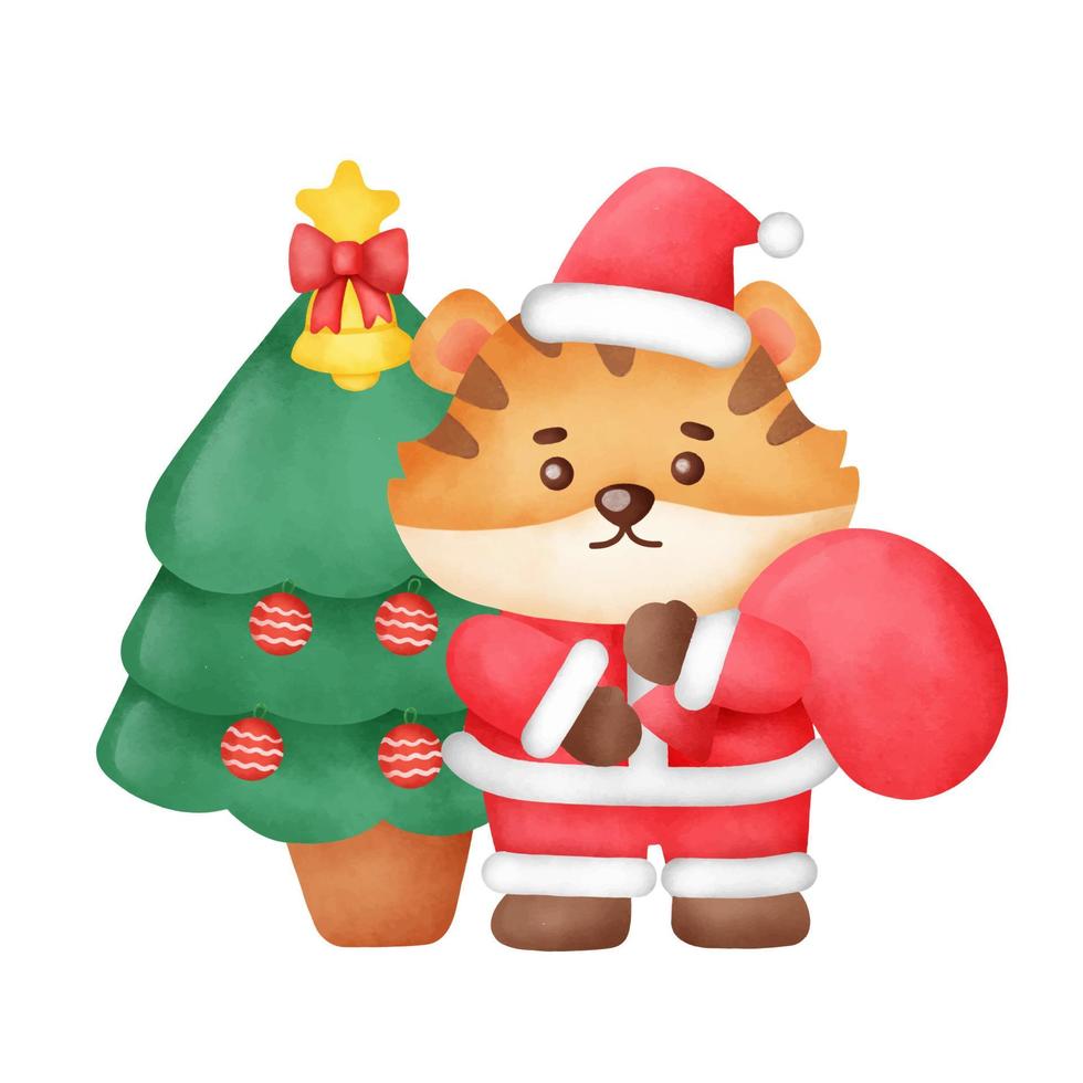 cartão de Natal com tigre fofo e árvore de Natal em estilo aquarela. vetor