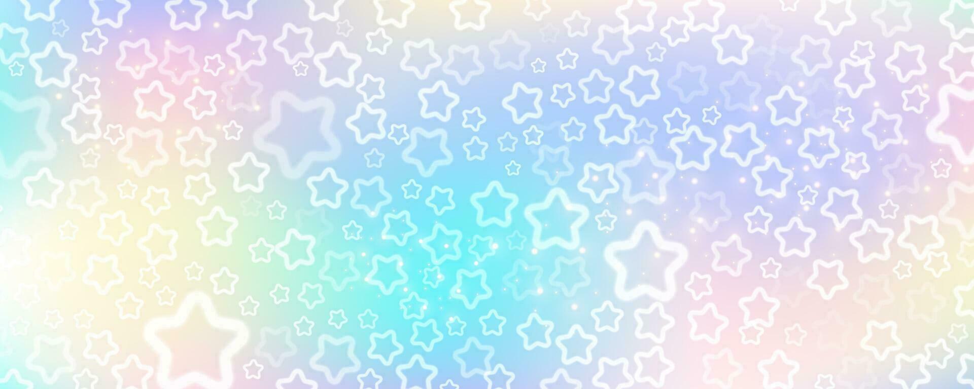 arco Iris céu com estrelas e bokeh. kawaii fantasia fundo. Magia brilhar espaço com iridescente textura. abstrato vetor papel de parede