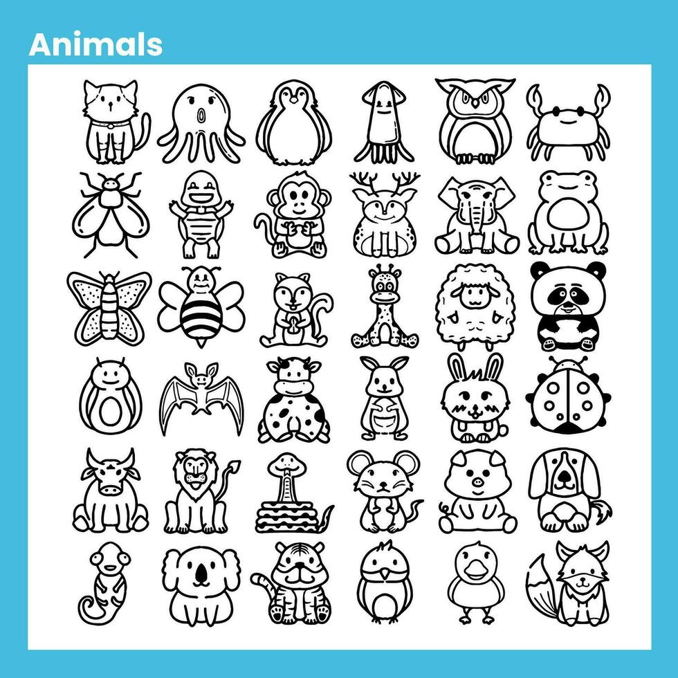 ícone coleção do vários animais dentro esboço estilo, mão desenhado ícones vetor