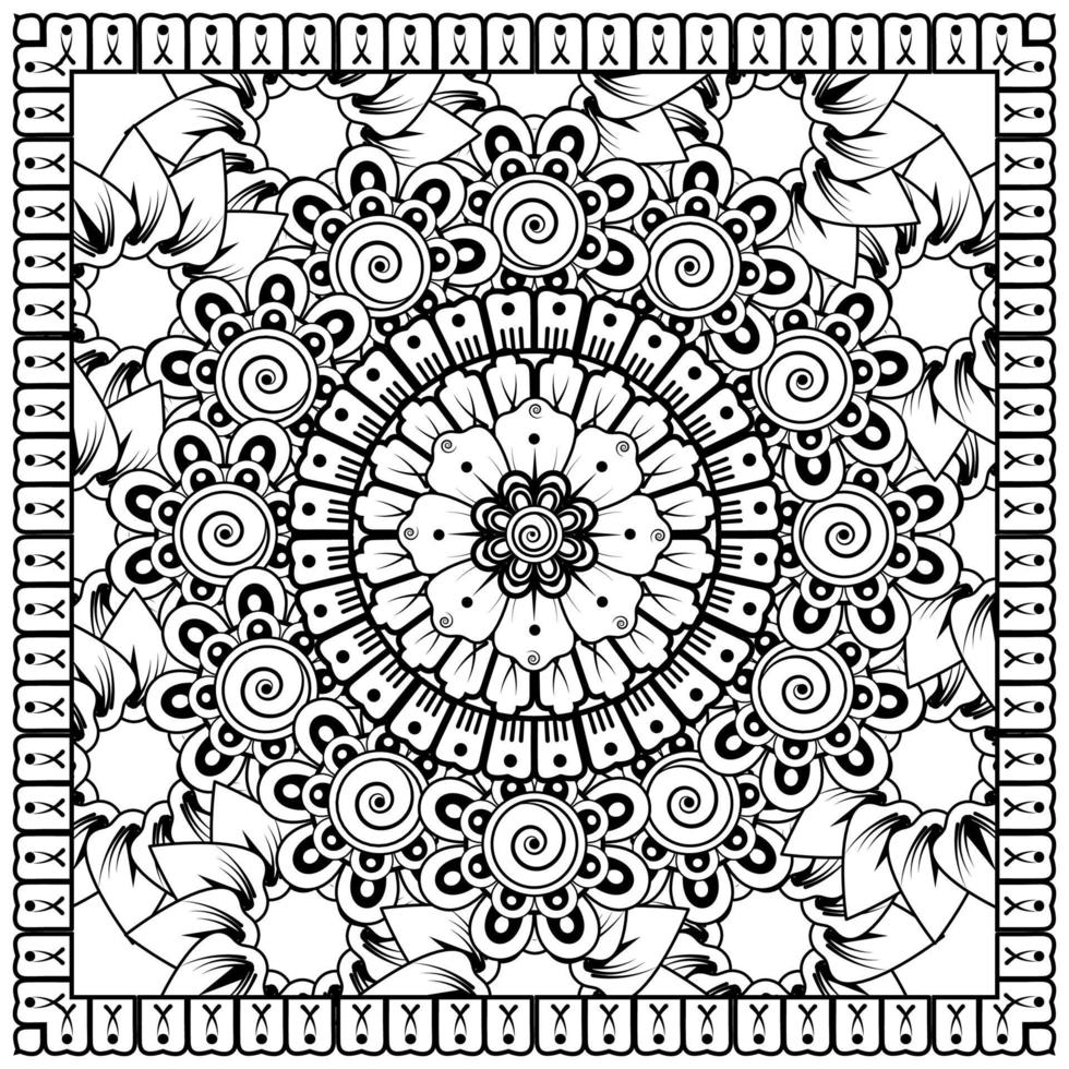 contorno padrão de flor quadrada no estilo mehndi para página de livro de colorir vetor