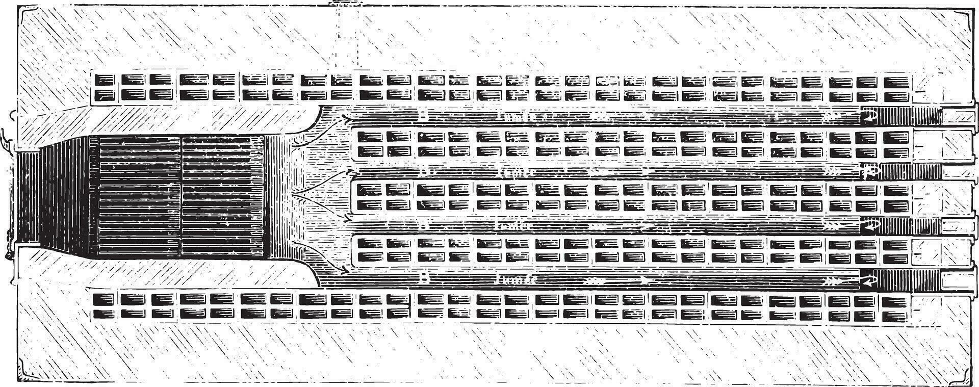 horizontal seção do a forno refratário tijolos, vintage gravação. vetor