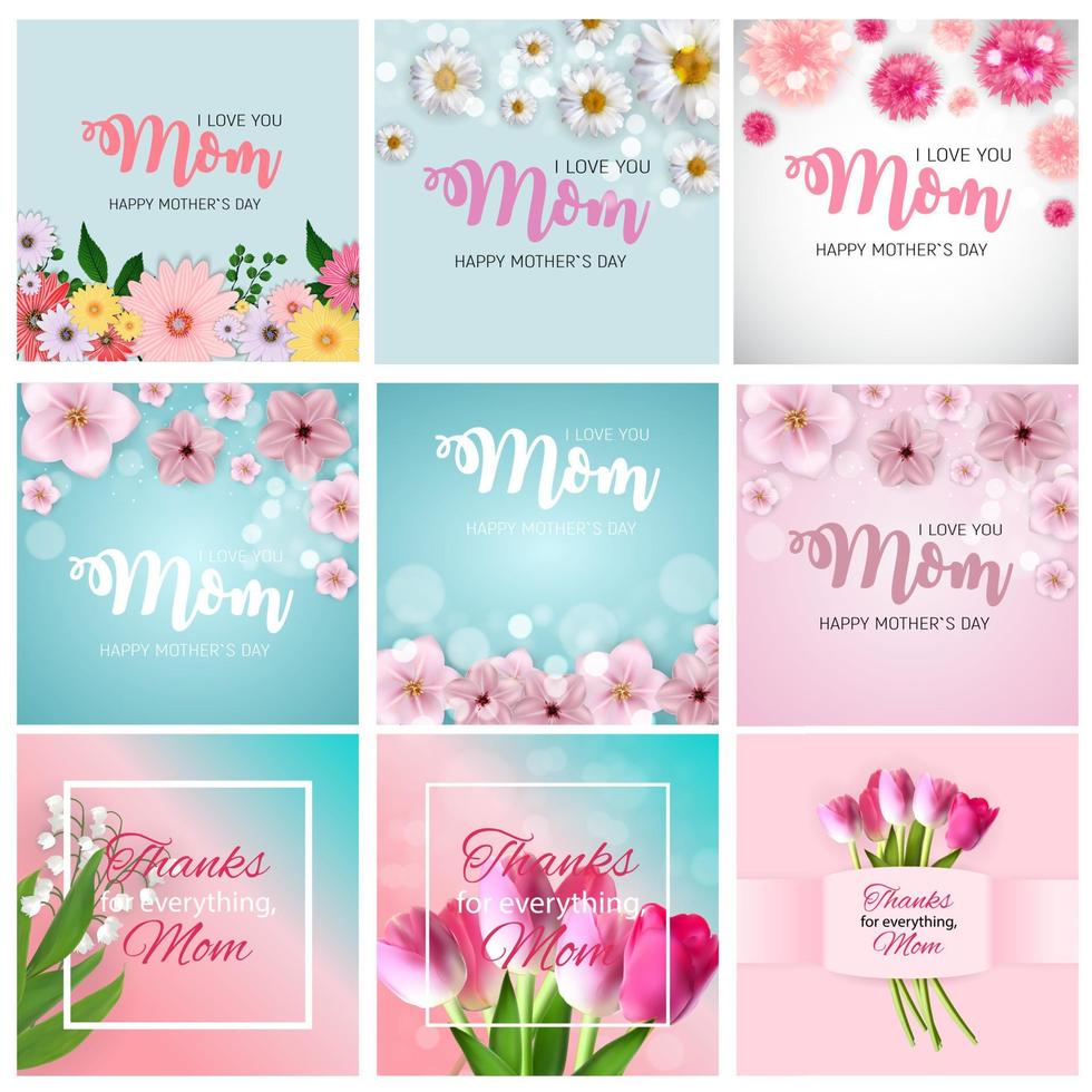 Primavera e verão flores fundo brilhante. feliz dia das mães conjunto de cartaz. ilustração vetorial vetor