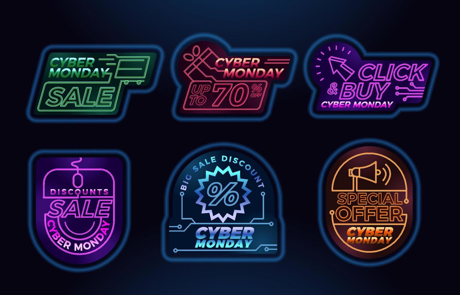 adesivos de promoção estilo cyber segunda-feira neon vetor