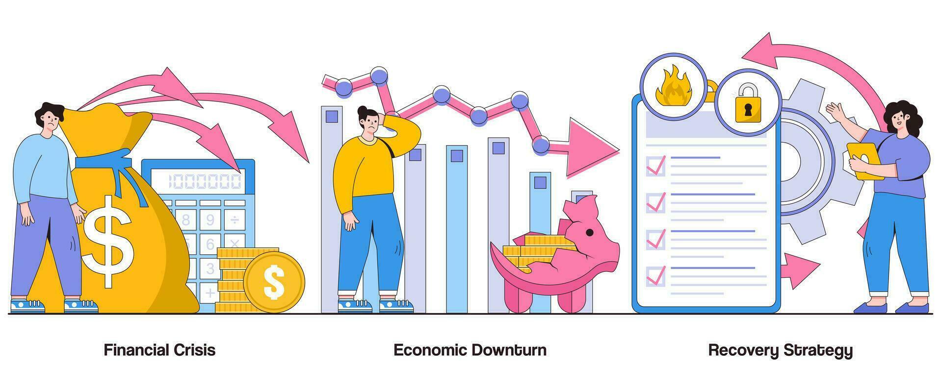 financeiro crise, econômico crise, recuperação estratégia conceito com personagem. econômico resiliência abstrato vetor ilustração definir. crise gerenciamento, econômico renascimento, financeiro pulo costas