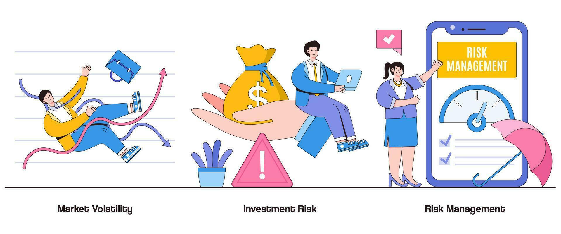 mercado volatilidade, investimento risco, risco gestão conceito com personagem. risco gestão abstrato vetor ilustração definir. investimento segurança, risco mitigação, financeiro estabilidade metáfora
