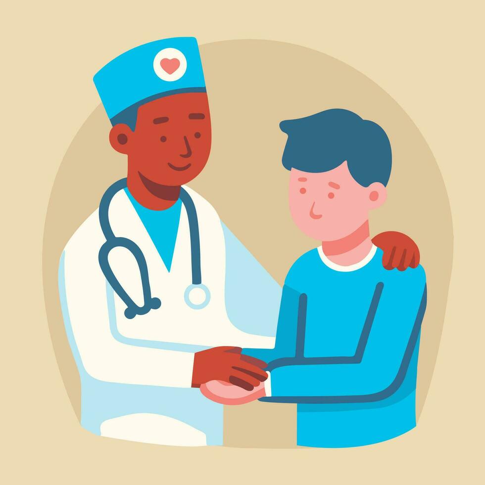 amigáveis Preto pele africano médico conforto branco Câncer paciente Garoto personagem plano vetor ilustração avatar conceito, médico pessoa consultando jovem paciente Visita tratando, praticante estetoscópio