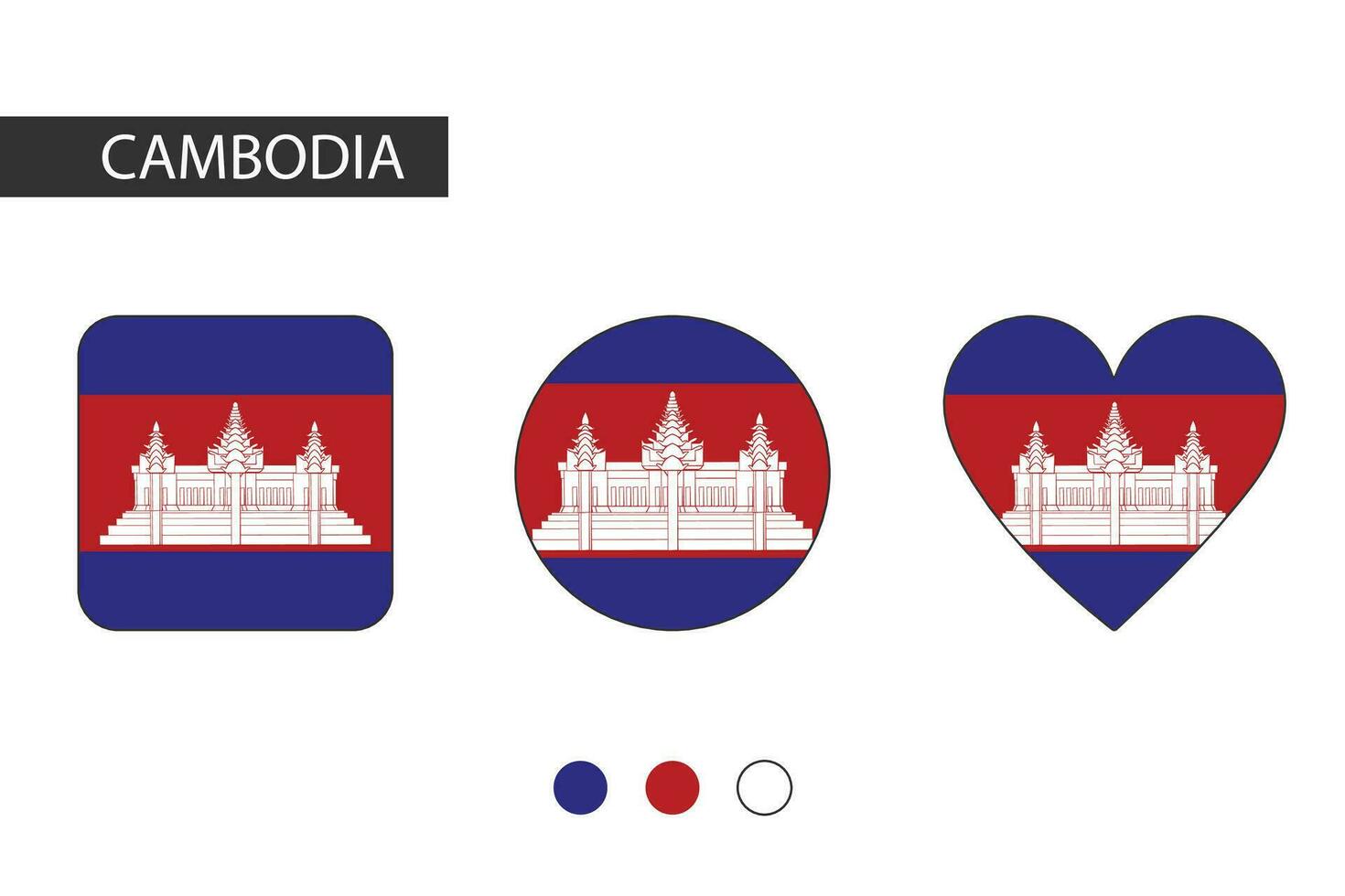 Camboja 3 formas quadrado, círculo, coração com cidade bandeira. isolado em branco fundo. vetor