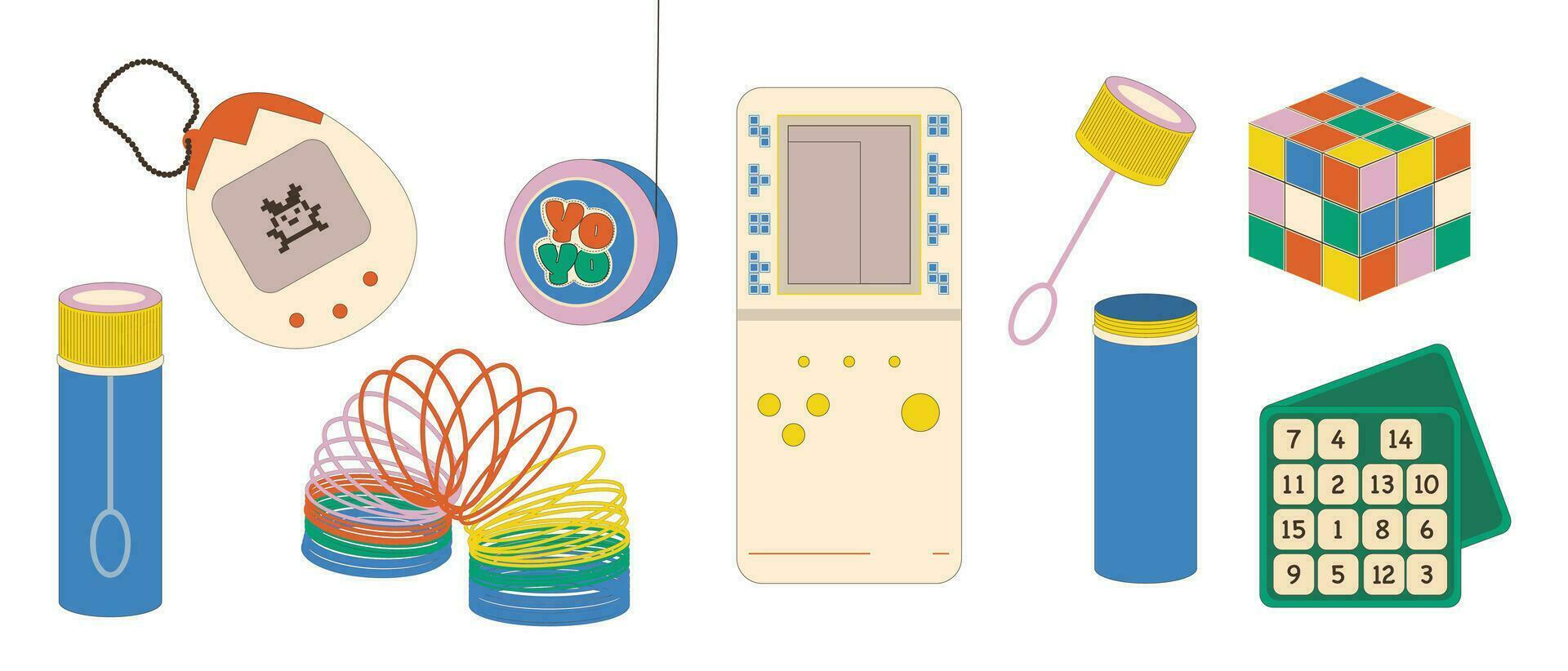 colorida conjunto com brinquedos a partir de a anos 90. vetor ilustração do Sabonete bolhas, arco-íris, cubo, jogos e de outros elementos em uma branco isolado fundo.