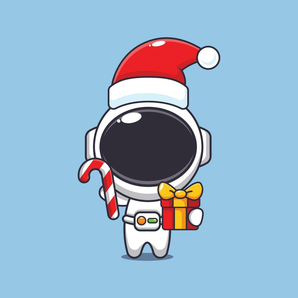 fofa astronauta segurando Natal doce e presente. fofa Natal desenho animado personagem ilustração. vetor