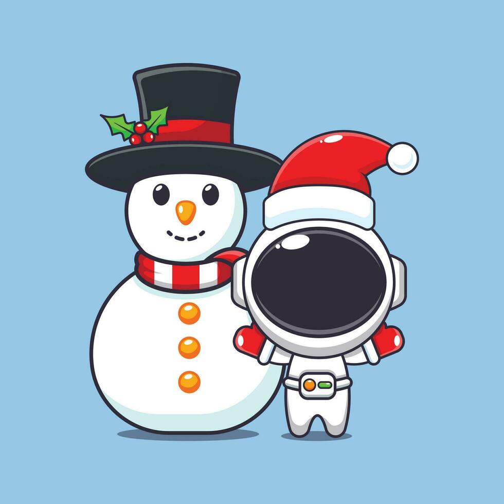 fofa astronauta jogando com boneco de neve. fofa Natal desenho animado personagem ilustração. vetor