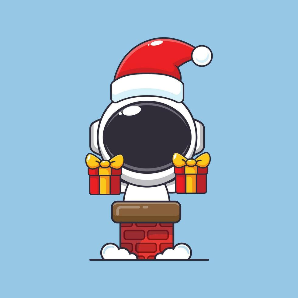 fofa astronauta com santa chapéu dentro a chaminé. fofa Natal desenho animado personagem ilustração. vetor