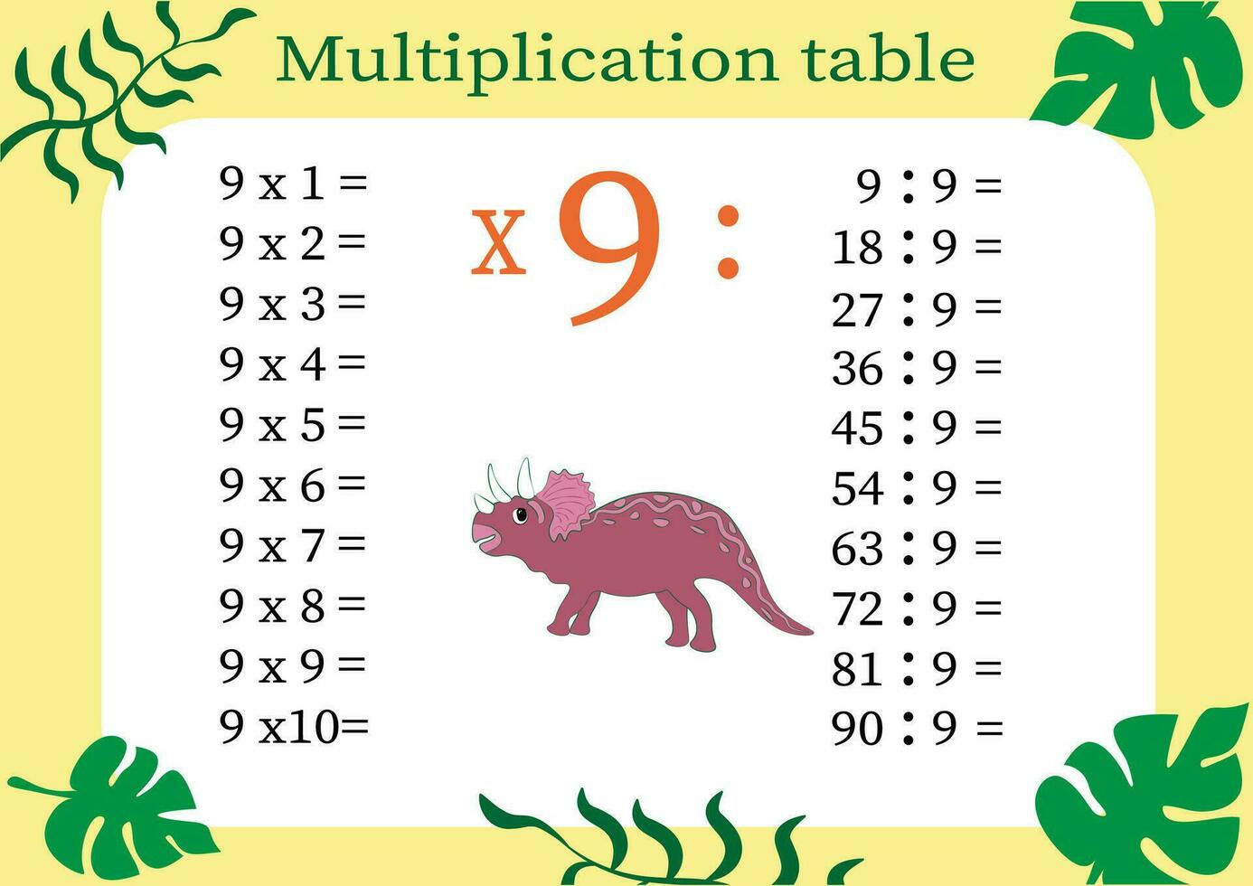 multiplicação mesa de 9 com uma tarefa para consolidar seu conhecimento do multiplicação. colorida desenho animado multiplicação mesa vetor para ensino matemática. desenho animado dinossauros. eps10