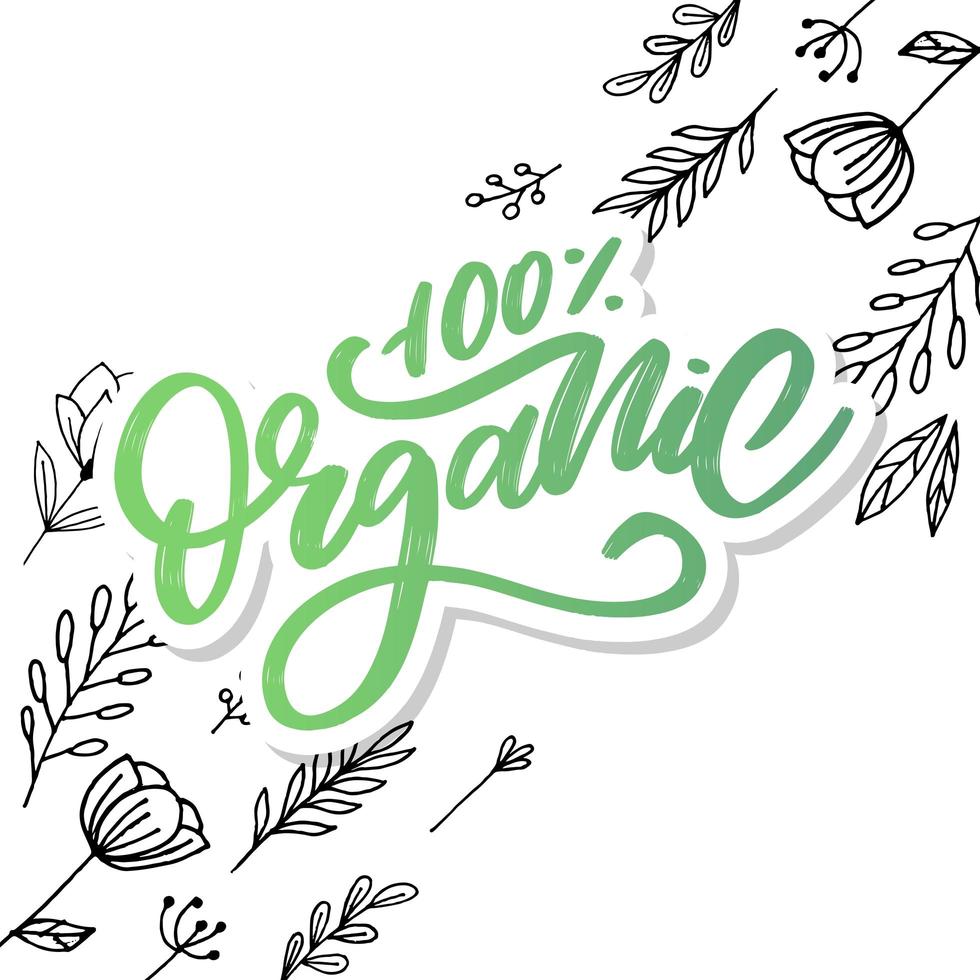 letras de escova orgânica. mão desenhada palavra orgânica com folhas verdes. rótulo, modelo de logotipo para produtos orgânicos, mercados de alimentos saudáveis. vetor