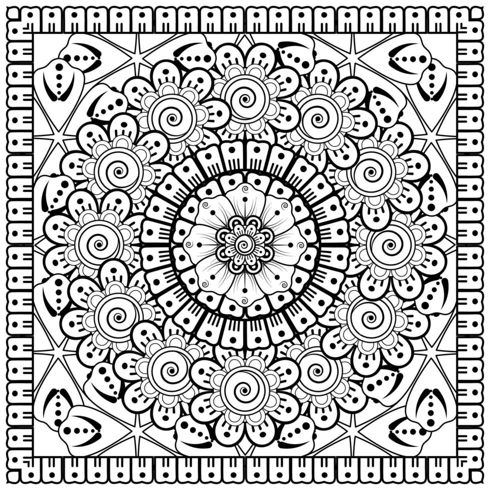 contorno padrão de flor quadrada no estilo mehndi para página de livro de colorir vetor