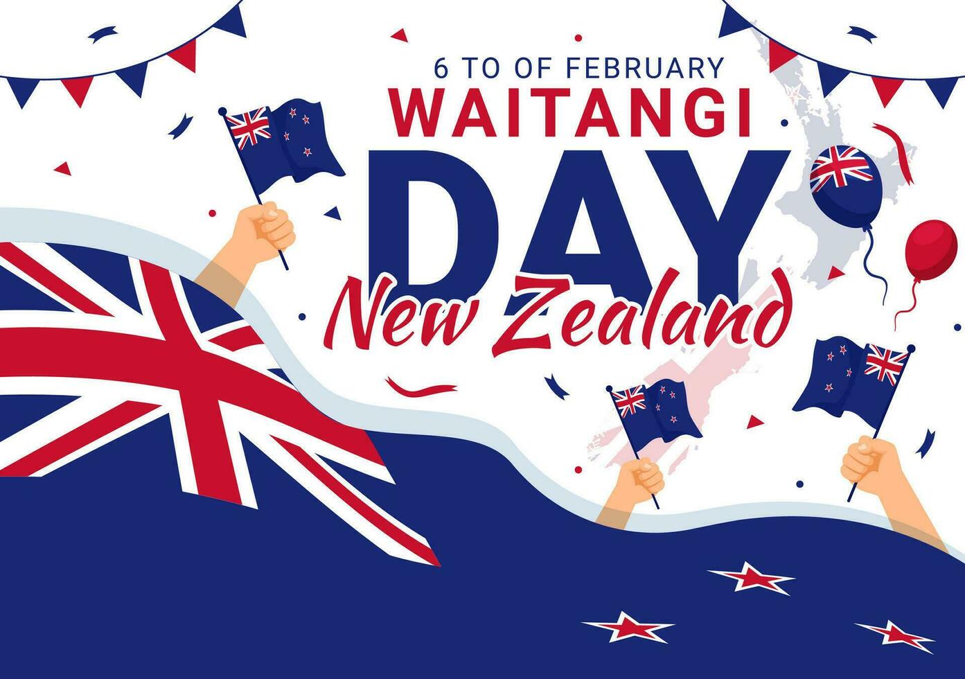 feliz waitangi dia vetor ilustração em fevereiro 6 com Novo zelândia bandeira e mapa dentro nacional feriado plano desenho animado fundo Projeto