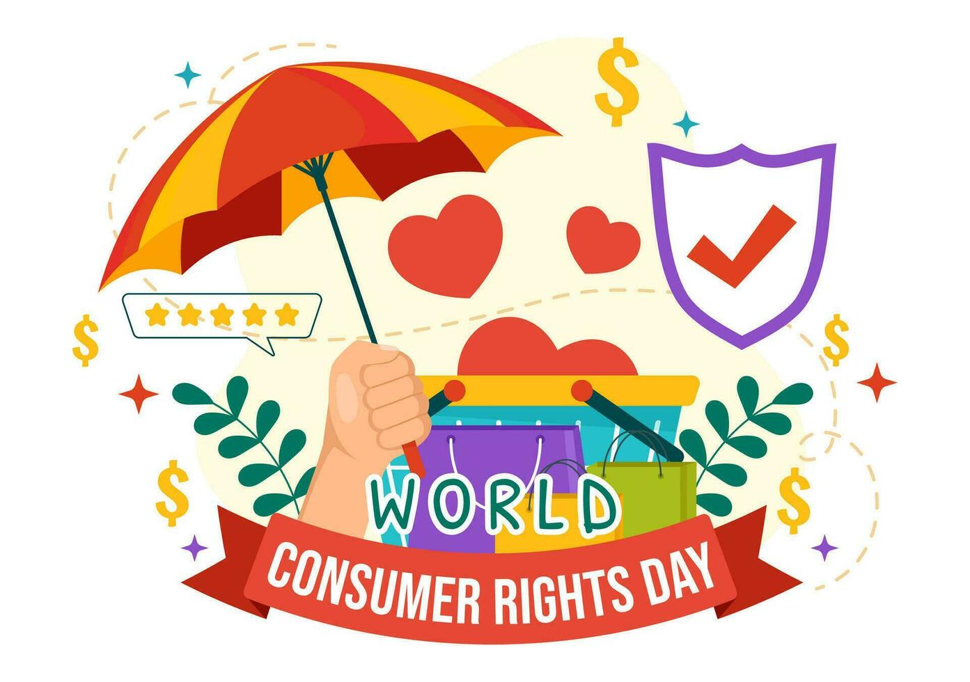 mundo consumidor direitos dia vetor ilustração em 15 marcha com compras bolsas para estar respeitado e protegido dentro plano desenho animado fundo