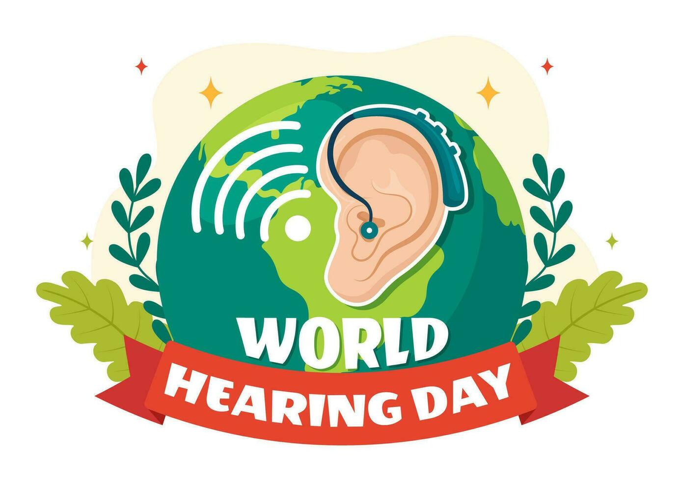 mundo audição dia vetor ilustração em 3 marcha para levantar consciência em quão para evita surdez e orelha tratamento dentro plano cuidados de saúde fundo
