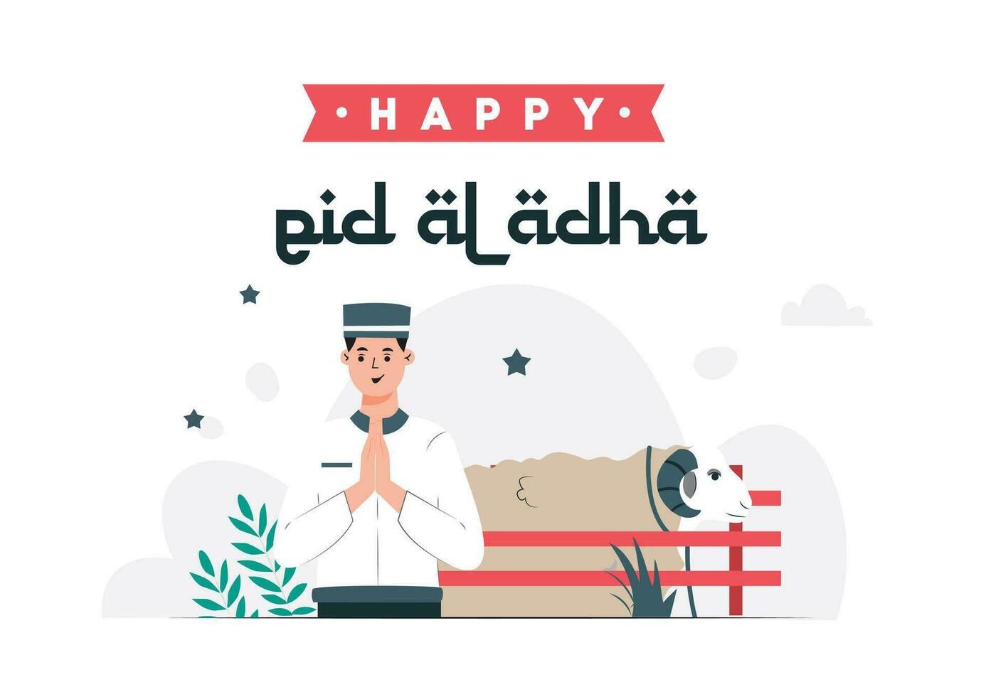 gráfico de ilustração vetorial do eid al-adha e a festa do sacrifício. ovelha e homem muçulmano perfeito para cartaz e banner vetor