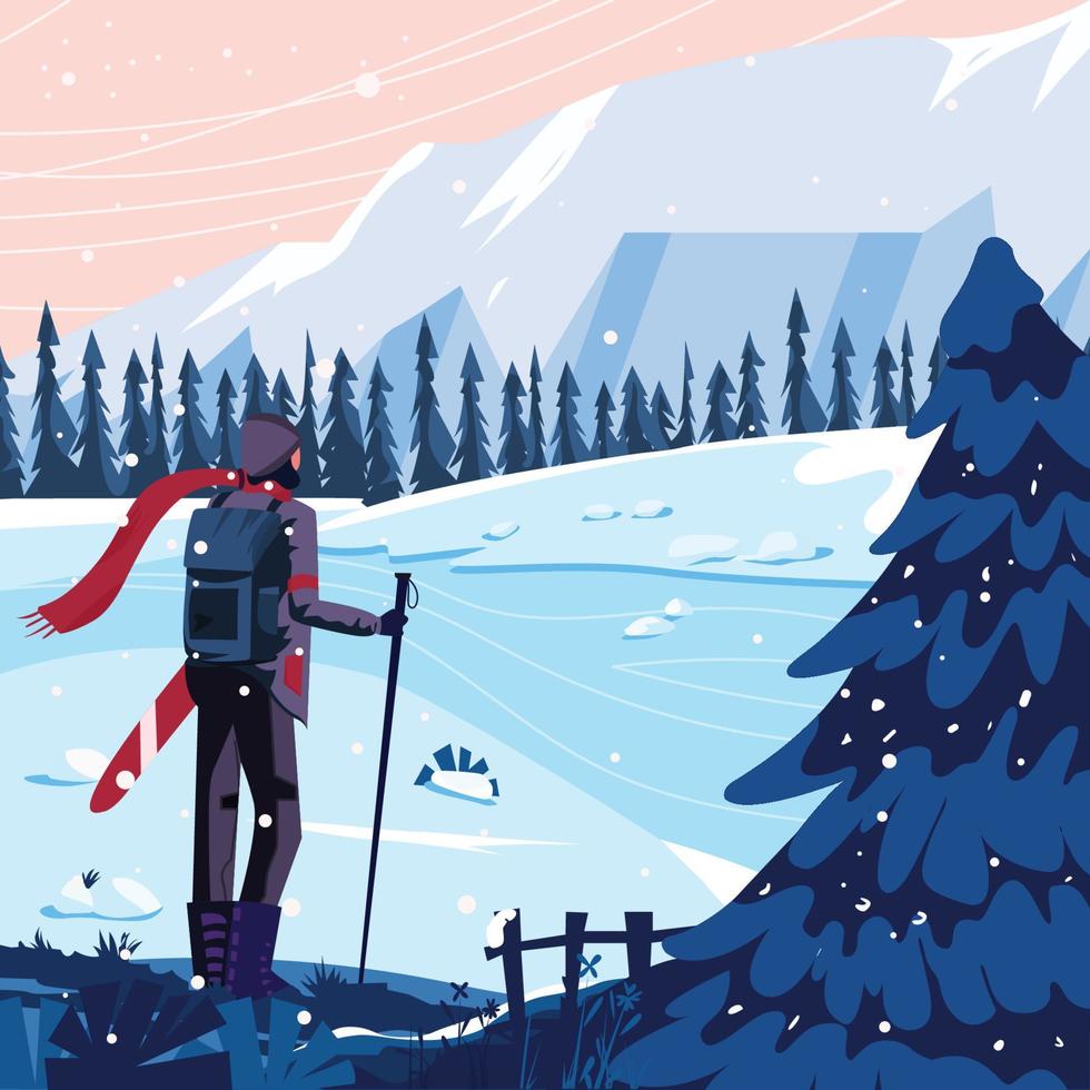 esquiador aproveita a paisagem de inverno através do conceito de rio vetor