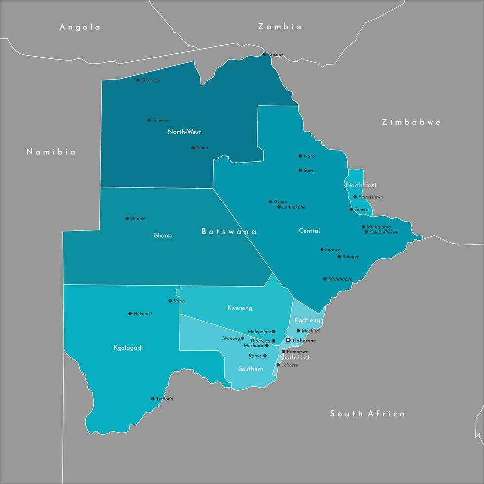 vetor moderno ilustração. simplificado administrativo mapa do botsuana e fronteiras com vizinho países, namíbia, Zimbábue, Zâmbia, sul África. nomes do grande cidades e distritos, regiões