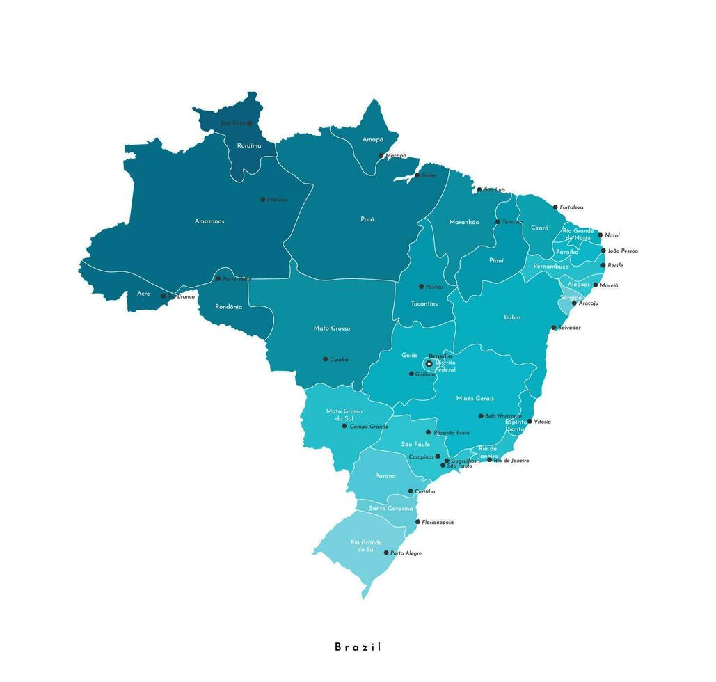 vetor moderno isolado ilustração. simplificado administrativo mapa do brasil. nomes do brasileiro cidades e brasileiro estados. branco fundo.