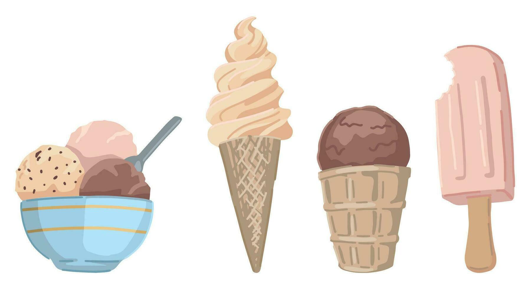gelo creme rabiscos coleção. desenho animado vetor ilustrações do verão sobremesa. colori clip-arts isolado em branco fundo.