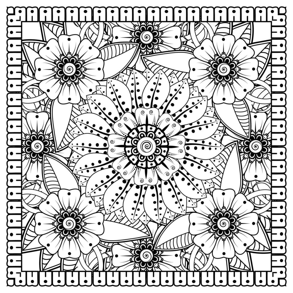 contorno padrão de flor quadrada no estilo mehndi para página de livro de colorir vetor