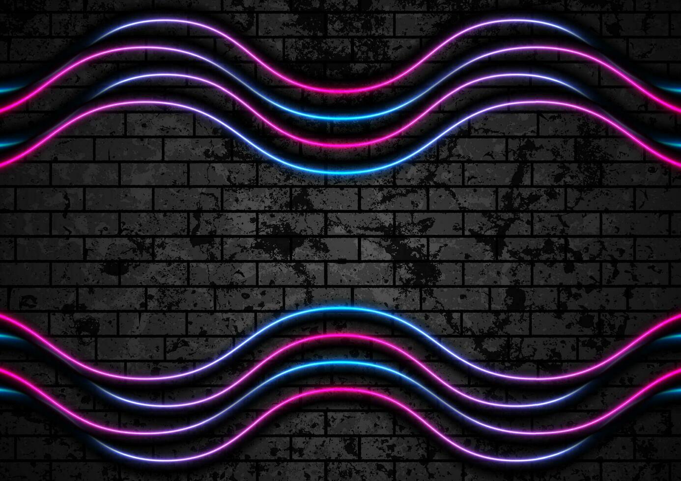 azul roxa néon tecnologia ondulado linhas em tijolo grunge parede vetor