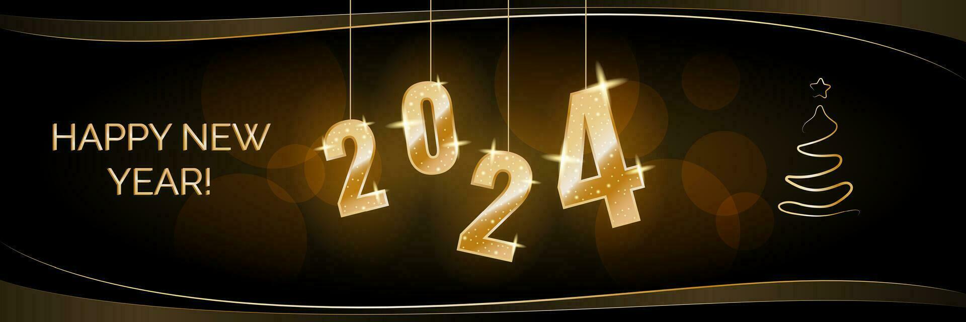 feliz Novo 2024 ano fundo e bandeira, com dourado números, texto cumprimento e brilhar decorações. vetor ilustração.