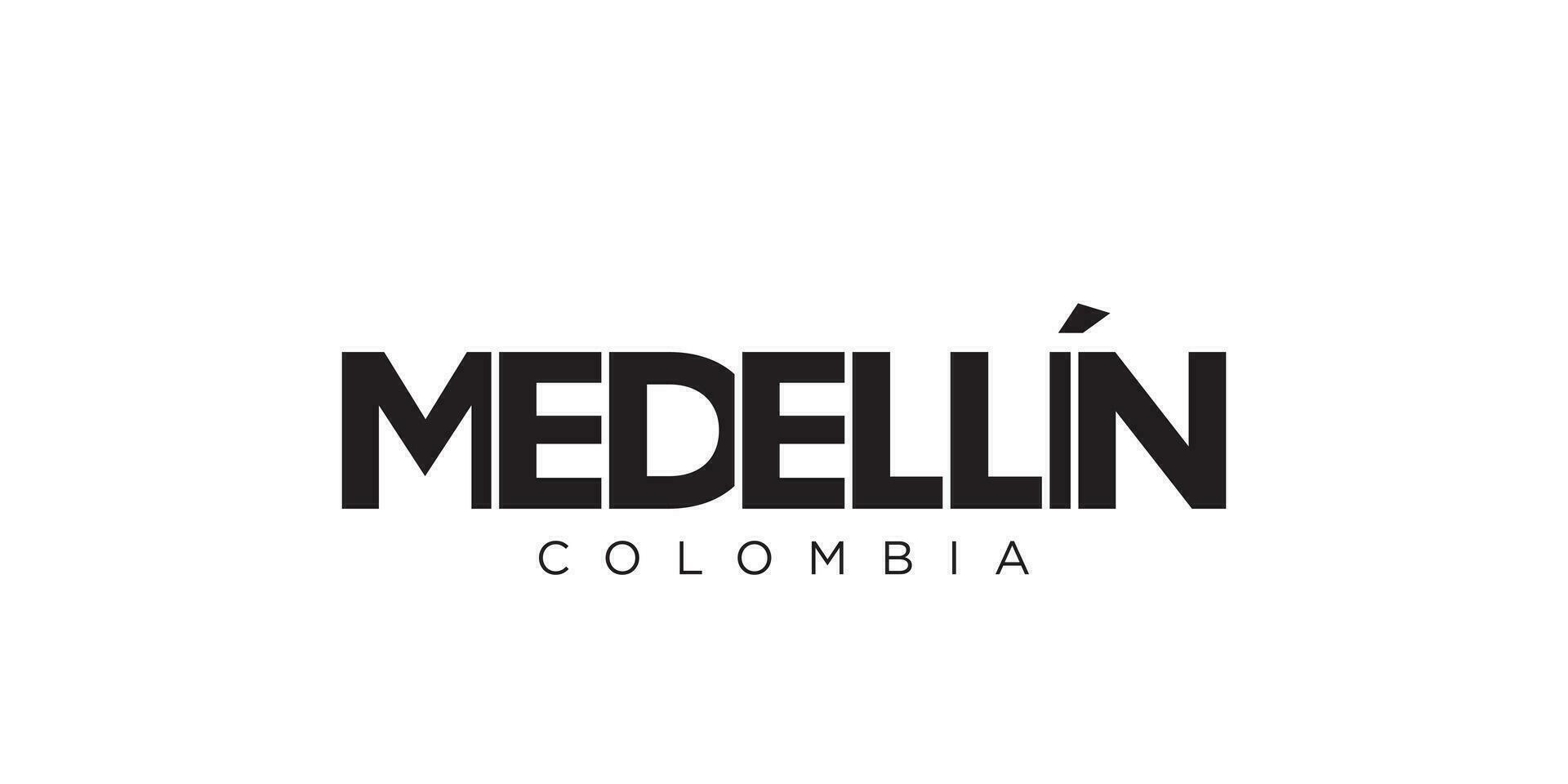 Medellin dentro a Colômbia emblema. a Projeto características uma geométrico estilo, vetor ilustração com negrito tipografia dentro uma moderno Fonte. a gráfico slogan rotulação.