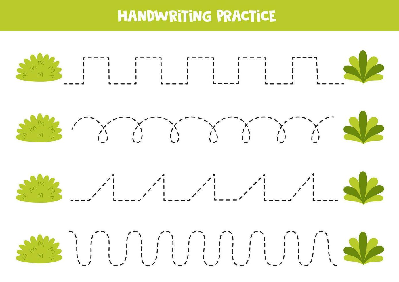 rastreamento linhas para crianças. fofa desenho animado verde arbustos. caligrafia prática. vetor