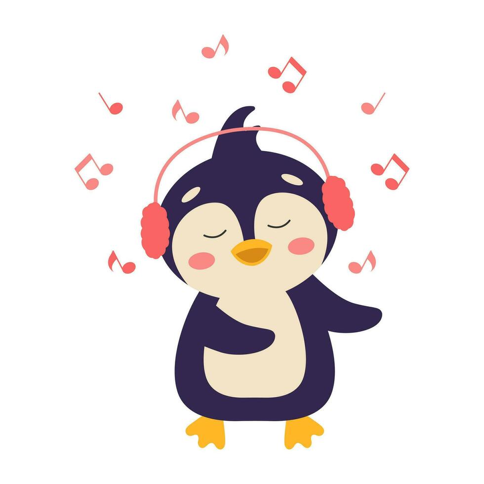 fofa desenho animado pinguim dentro fones de ouvido ouvindo para música. vetor ilustração.