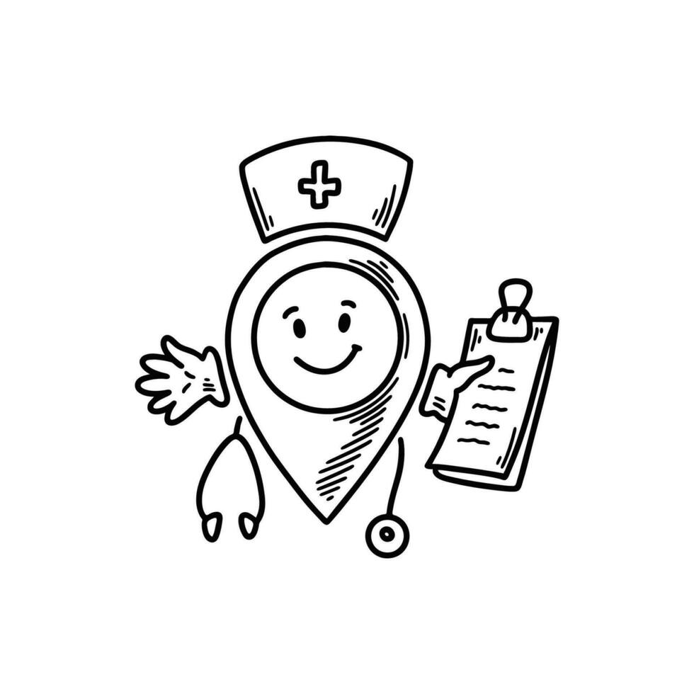 fofa linha rabisco hospital localização PIN emoji. à mão livre esboço identificar. mapa endereço quadrinho emoticon. sorridente engraçado personagem vetor