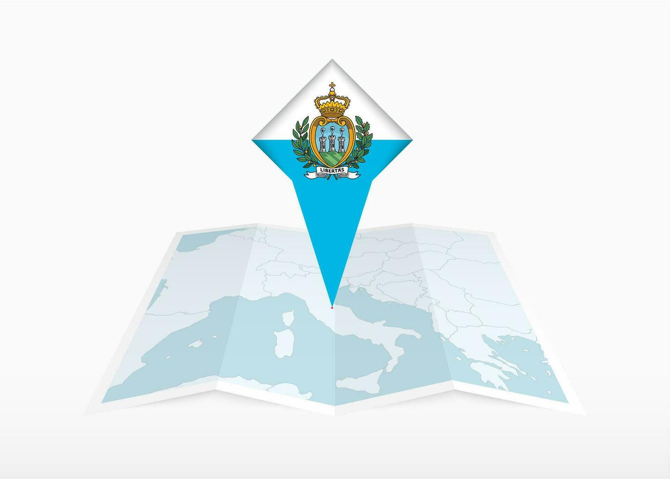 san marino é retratado em uma guardada papel mapa e fixado localização marcador com bandeira do san marinho. vetor