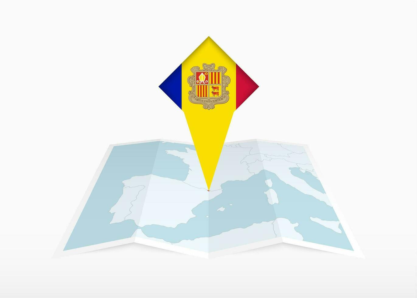 andorra é retratado em uma guardada papel mapa e fixado localização marcador com bandeira do andorra. vetor