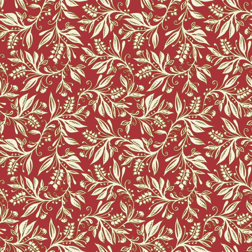 floral desatado padronizar com folhas e bagas dentro vinho vermelho, verde e creme cores, desenhado à mão e digitalizado. Projeto para papel de parede, têxtil, tecido, invólucro, fundo. vetor