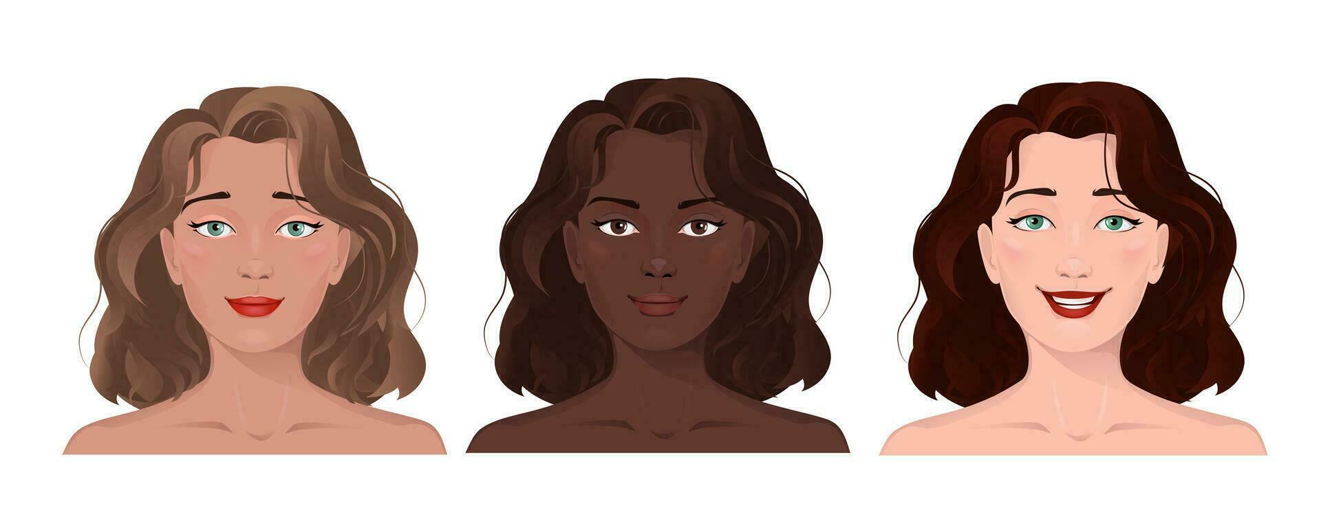 face retrato do mulheres com diferente pele e cabelo. facial expressão com gesto isolado vetor ilustração. avatar para uma social rede. vetor plano ilustração, rede, beleza e faço acima.