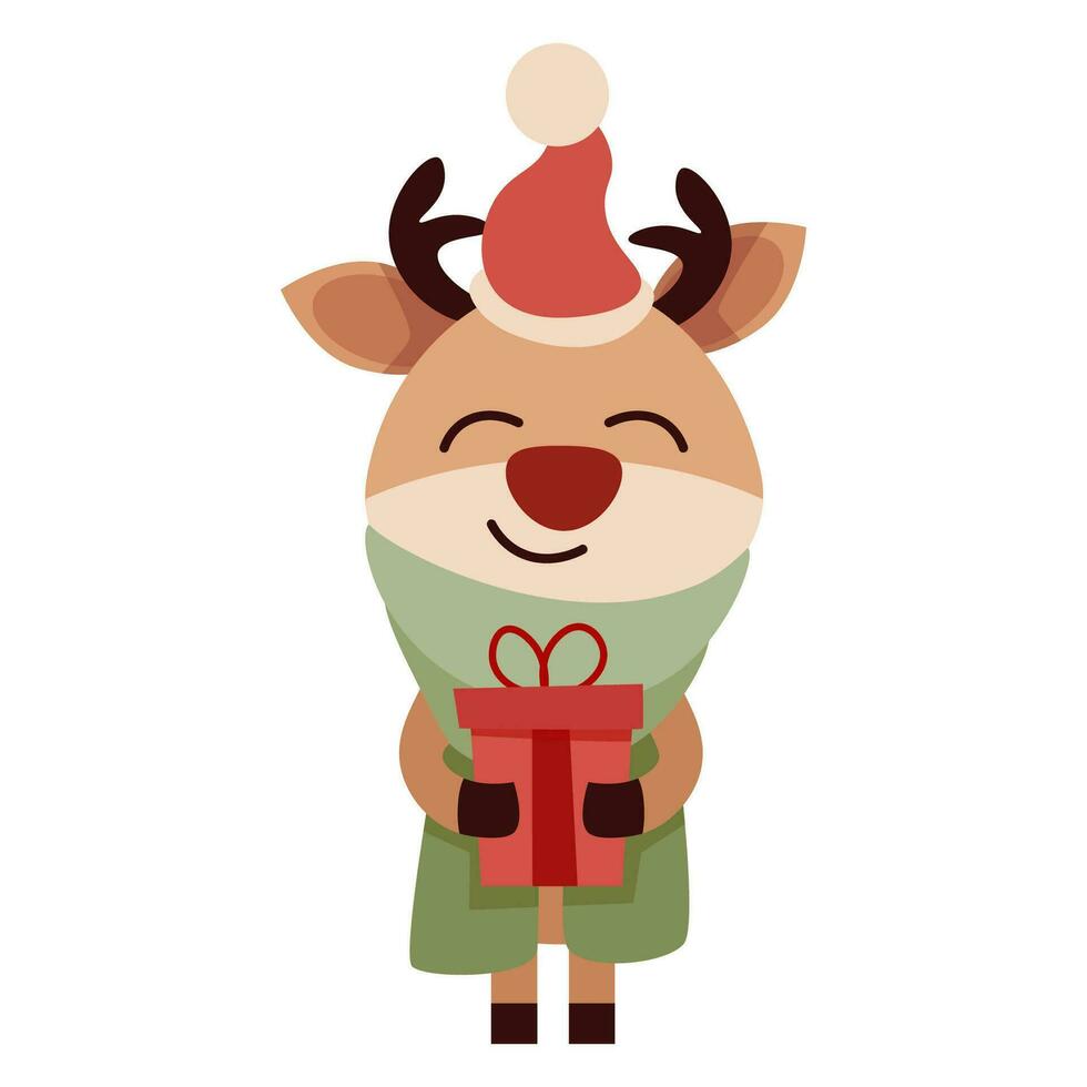 sorridente Natal rena vestindo uma chapéu com uma presente vetor