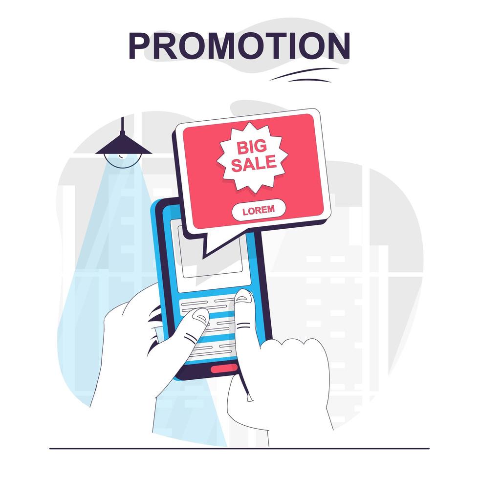 promoção conceito isolado dos desenhos animados. o usuário vê publicidade de grande venda no aplicativo móvel, cena de marketing de pessoas em design plano. ilustração vetorial para blog, site, aplicativo móvel, materiais promocionais. vetor