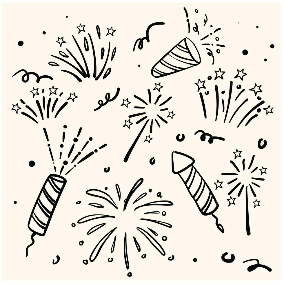 linha arte conjunto do fogos de artifício doodle. foguetes dentro doodle. vetor