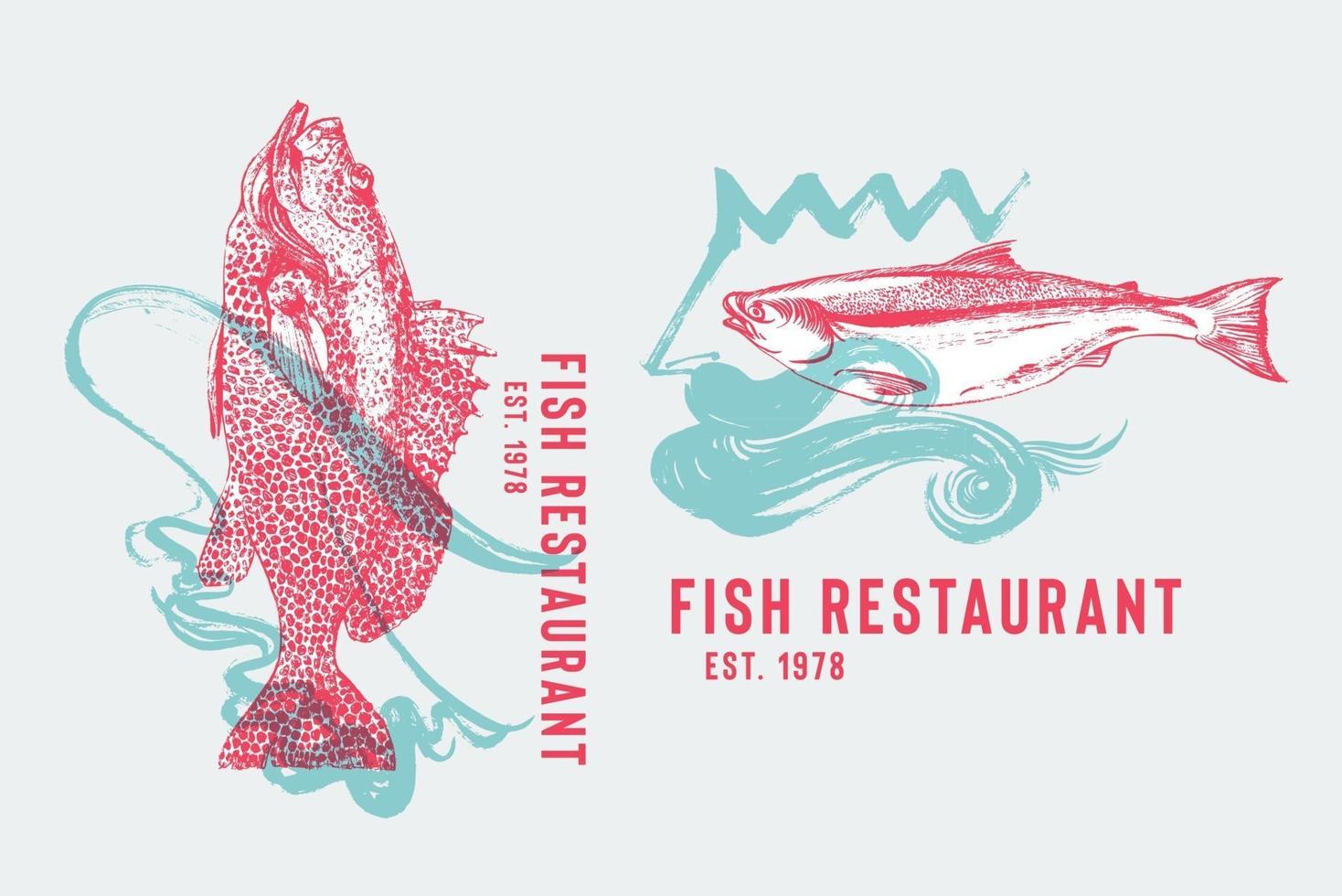 logotipo de restaurante de frutos do mar com garoupa dançando flamenco e salmão com neptuno. mão desenhada peixes por ondas de ilustração vetorial de saia de flamenco. dança espanhola e comida vetor