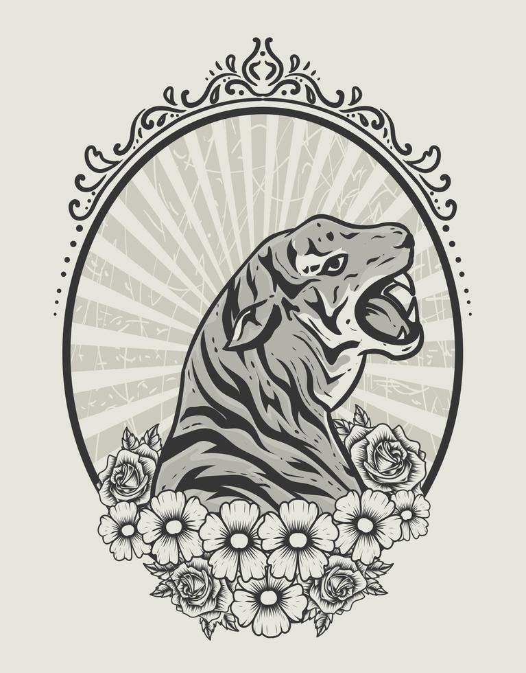 ilustração tigre com enfeite de flor estilo monocromático vetor