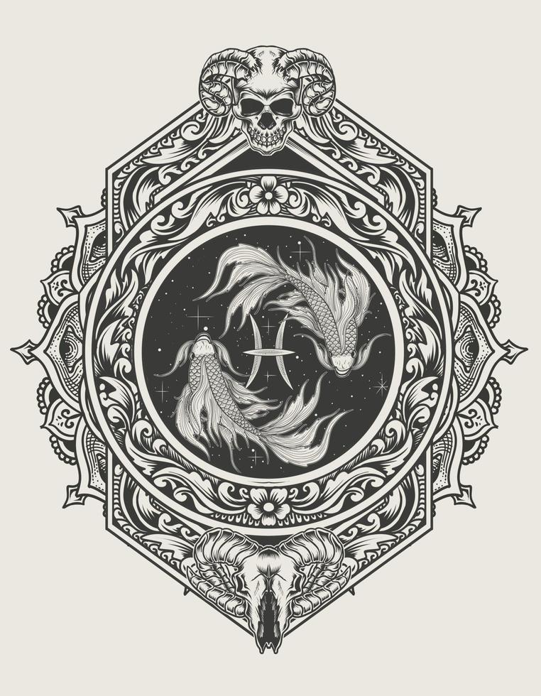 ilustração peixe símbolo do zodíaco com gravura estilo ornamento vetor