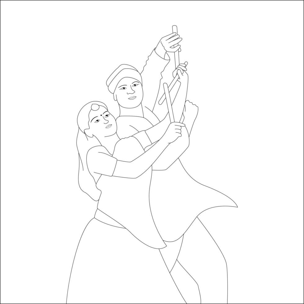 casal jogando dandia contorno skeetch, páginas para colorir de tema navratri vetor