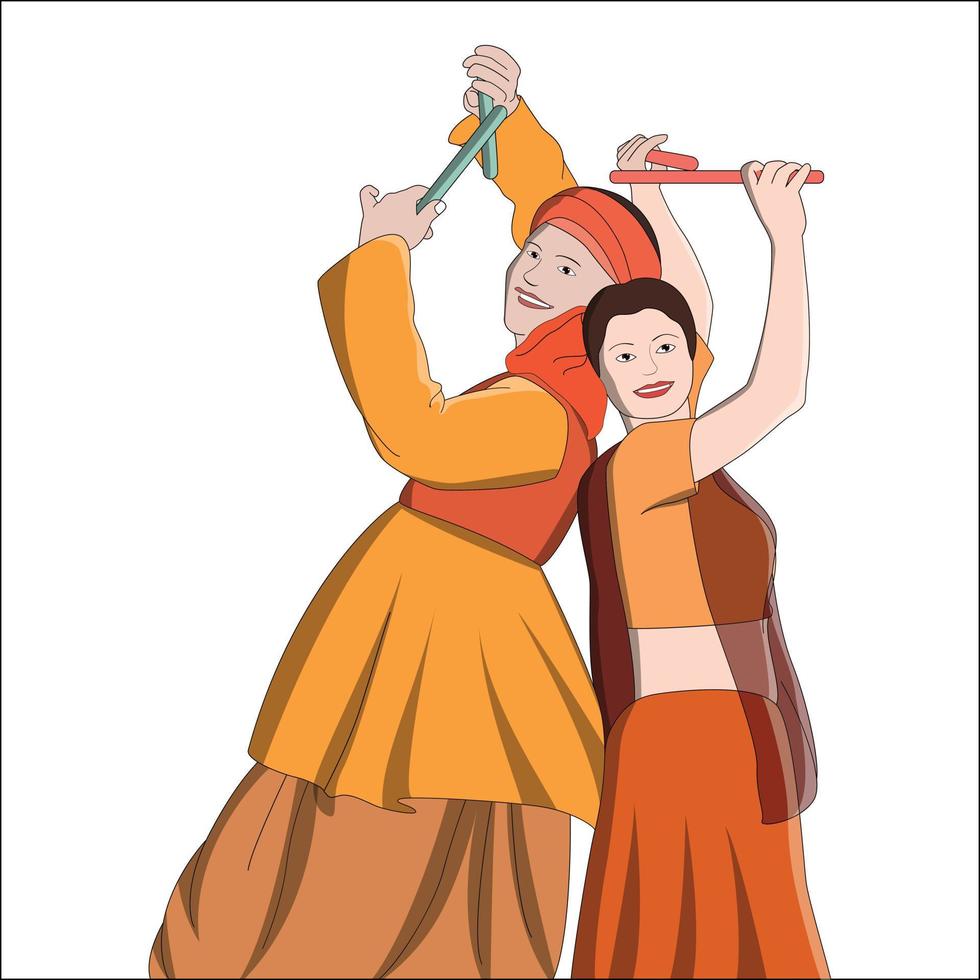 noite de navratri-dandia, ilustração colorida de casais brincando de dandia vetor