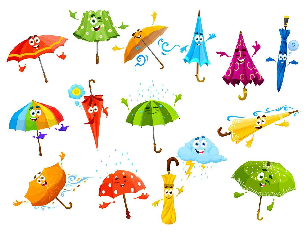 desenho animado guarda-chuva personagens com face, chuva tempestade vetor